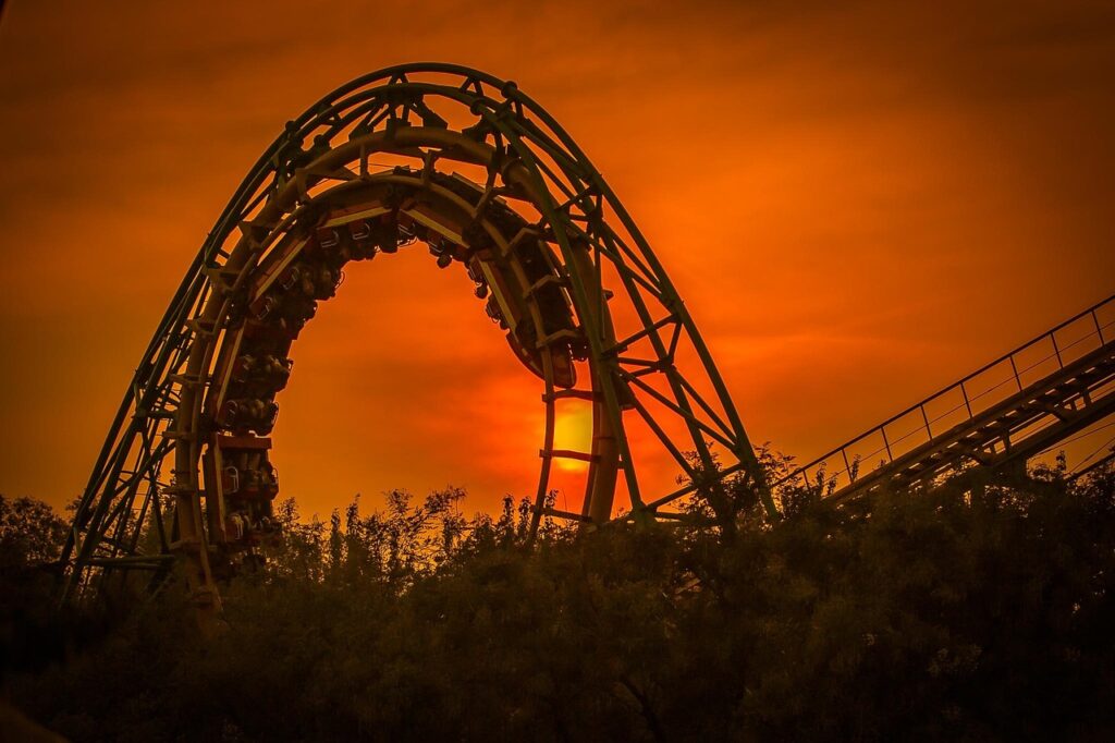 roller coaster, amusement park, sunset, dusk, nature, amusement ride, funfair, carnival, shijingshan, beijing, china